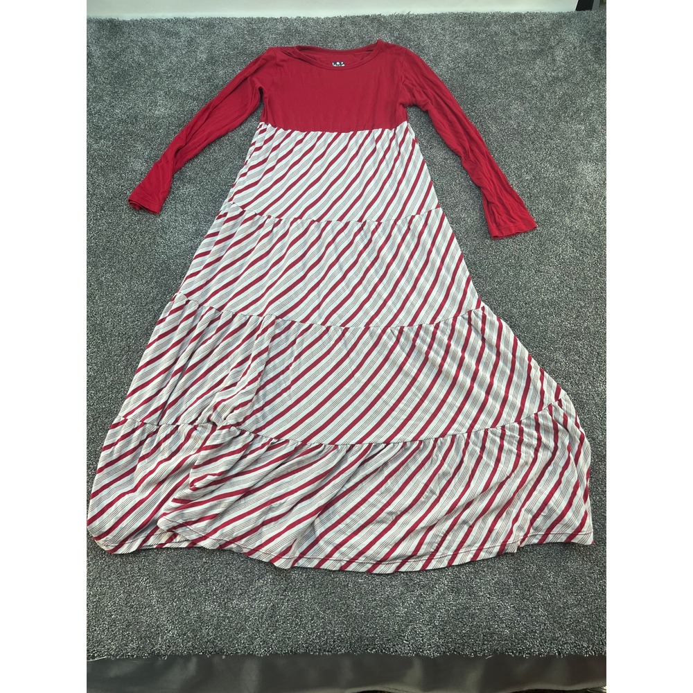 Kickee Kids Girls Red Gray Stripe‎ Tiered Maxi Dress Long Sleeve Size M 8 10